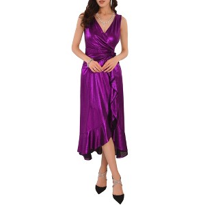 INSPIRE CHIC Women's V-Neck Ruffled Hem Wrap Tie Sleeveless Metallic Midi Dress - 1 of 4