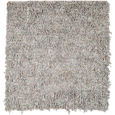Hand-Knotted White Leather Square Shag Rug - 6&#039;x6&#039;