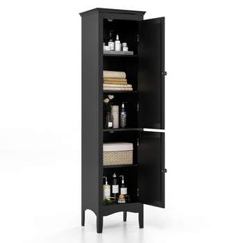Narrow Tall Slim Floor Cabinet with 2 Glass Doors and Adjustable