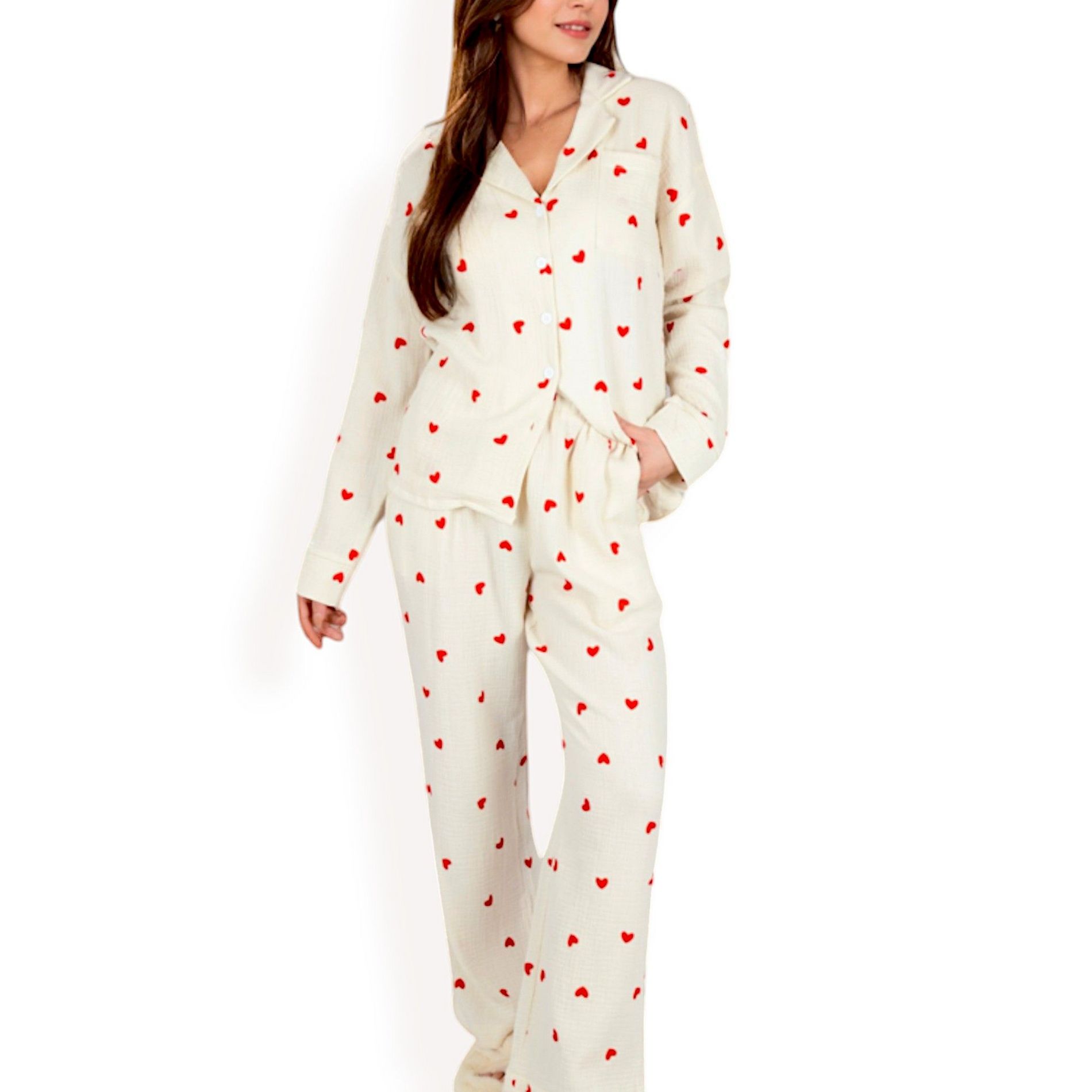 Anna-Kaci Lounge Women's Heart Print 2-Piece Pajama Set with Long Sleeve Button-Up Top and Relaxed Fit Pants