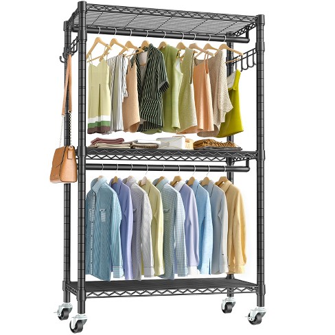 2-tier rolling garment rack adjustable rod clothes hanger storage ...