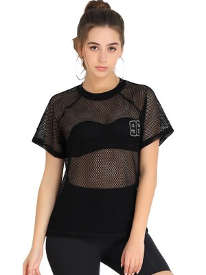 Allegra K Women's Mesh Cover Up Raglan Sleeve Sheer Fishnet Blouses