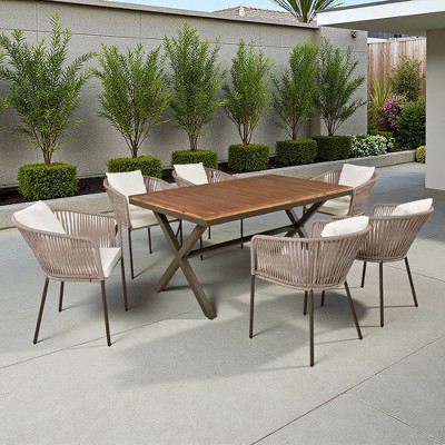 7-Piece Outdoor Patio Metal Frame Dining Set with 6 Cushioned Chairs and Acacia Wood Tabletop