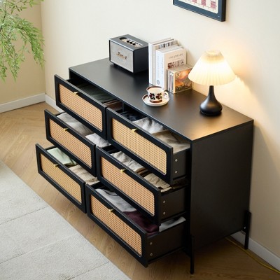 Angel Sar 6 Drawer Rattan Bedroom Dresser, Boho Double Dresser With Gold Metal Handle, Black Wood Dresser
