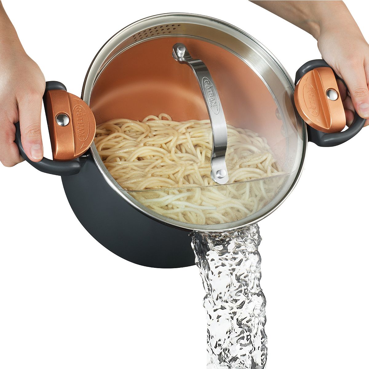 Gotham Steel 5 Qt Nonstick Pasta Pot with Strainer Lid & Twist Lock Handles Ceramic Copper Stock Pot Dishwasher Safe