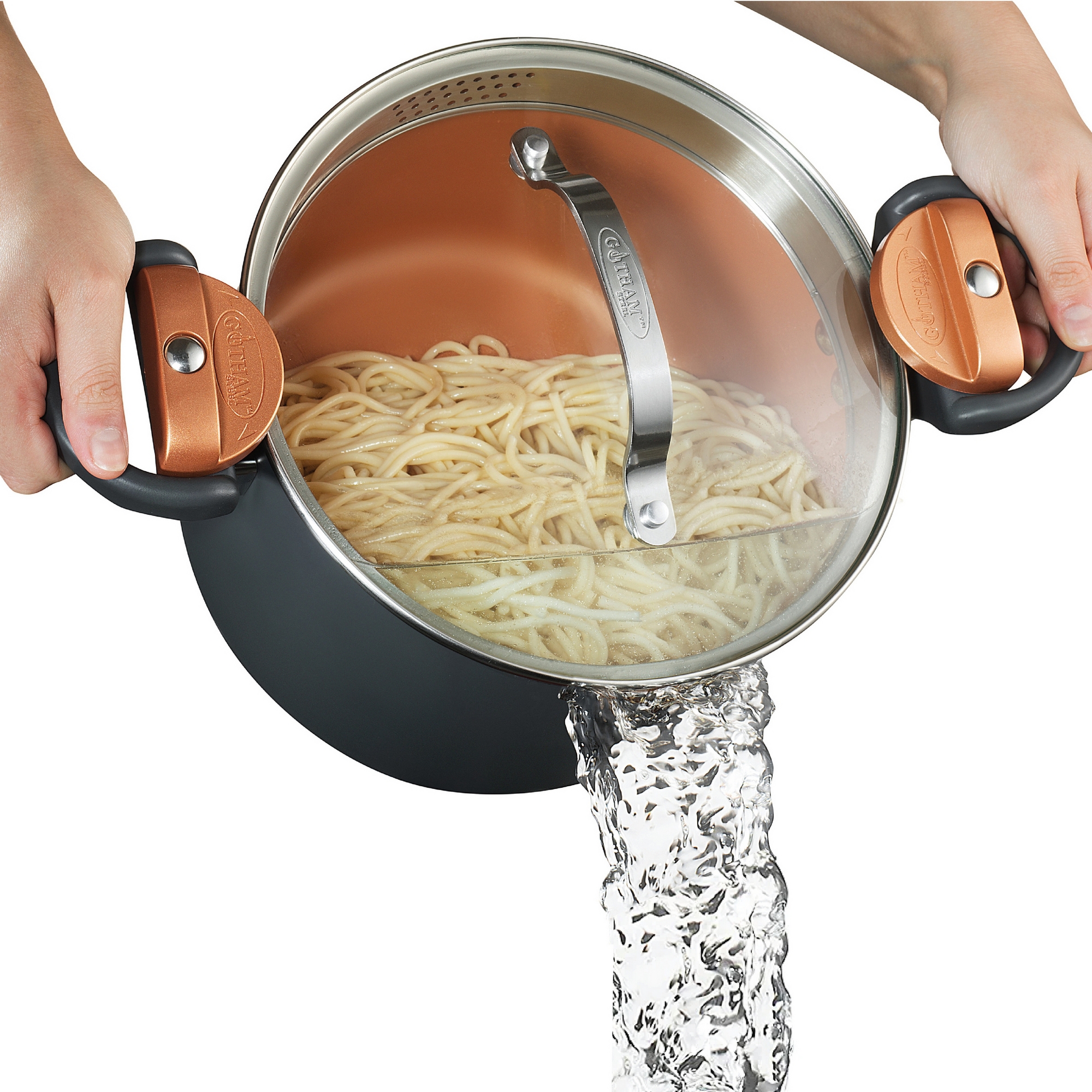 Gotham Steel 5 Qt Nonstick Pasta Pot with Strainer Lid & Twist Lock Handles Ceramic Copper Stock Pot Dishwasher Safe