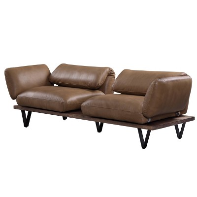 Nutmeg Top Grain Leather Round Arm Sofa with Solid Wood Base