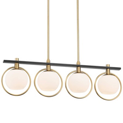 Possini Euro Design Antique Brass Linear Island Pendant 33" Wide Modern Glass Shade LED 4-Light Fixture for Kitchen Dining Room