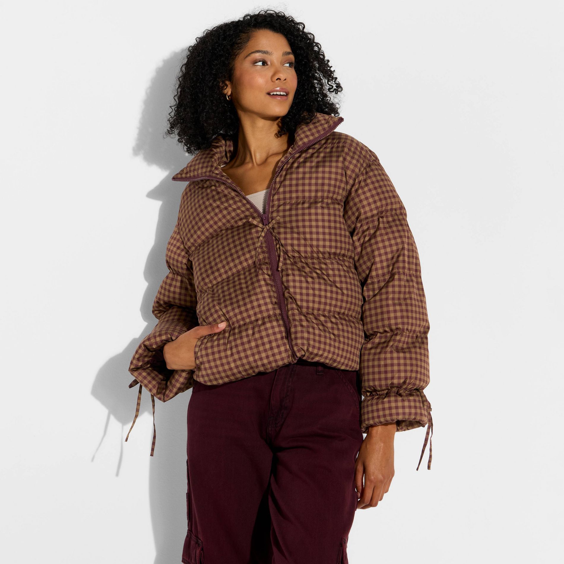 Women's Bow Puffer Jacket - Wild Fable™ Brown Gingham Check M