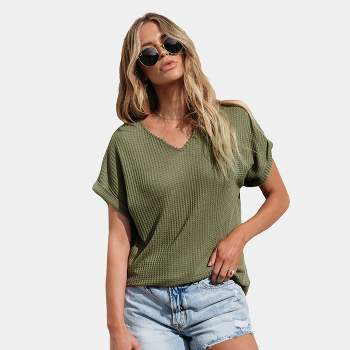 Women's Olive Green Waffle Knit Tee - Cupshe
