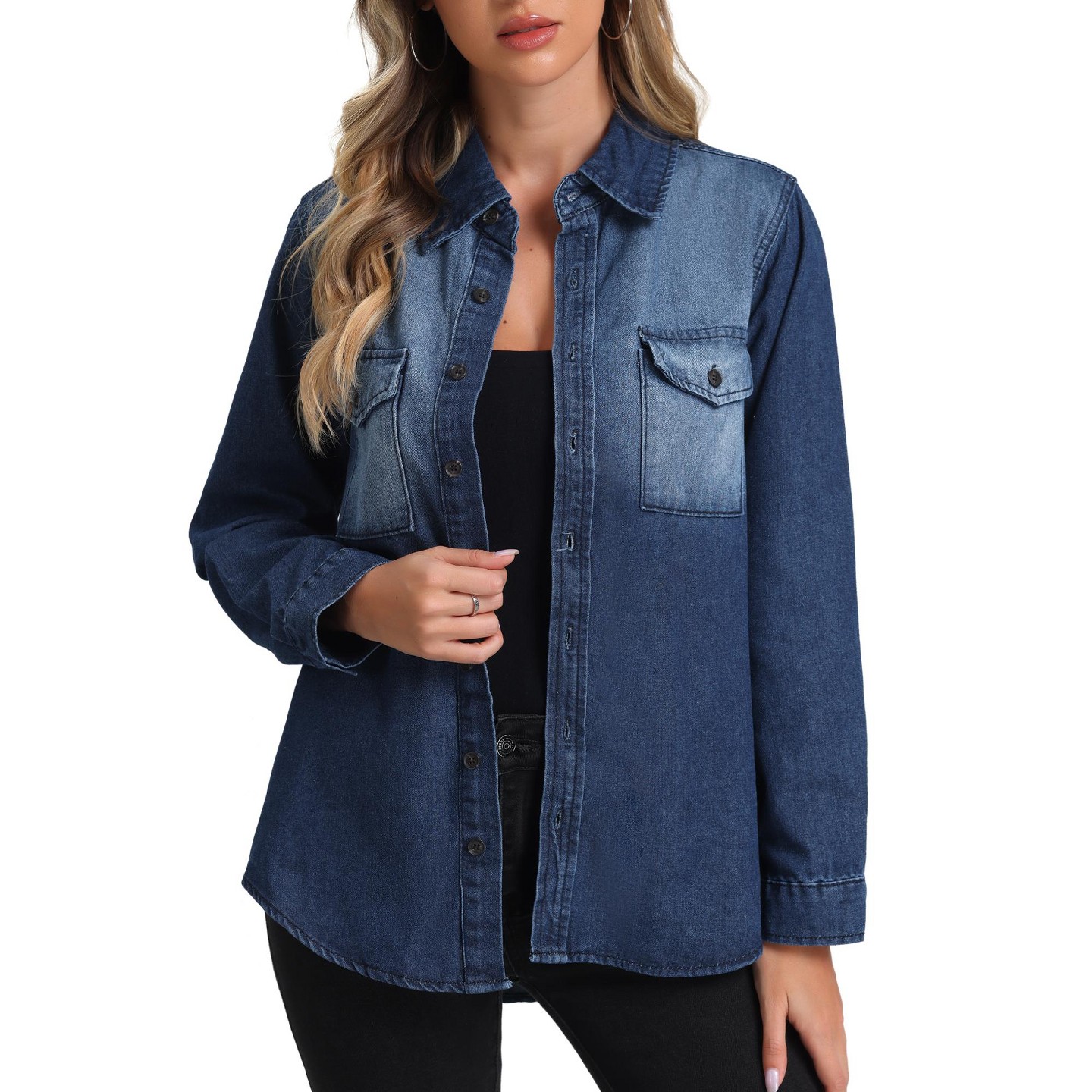 Женские куртки Allegra K Button Down Collar Long Sleeve Oversized Casual Denim Jackets Blue, цвет: Джинсовый — фото 1