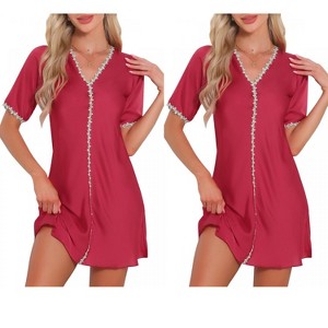 INSPIRE CHIC Women's 2 Pcs Floral Satin Sleep Dress A-Line Soft V-Neck Short-Sleeve Loungewear - 1 of 4