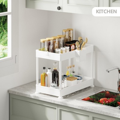 White Two-Tier Under Sink Organizer with Utility Hooks