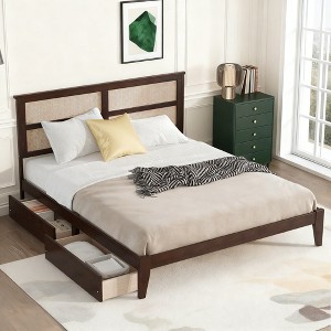 Luxystar King Size Bed with Rattan Headboard, 2 Storage Drawers, Enhanced Support Slats and Feet - 1 of 4