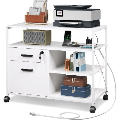 GALAXHERO 2 Drawer Locking File Cabinet with Charging Station, Rolling Printer Stand with Open Storage Shelf, Lateral Filing Cabinet