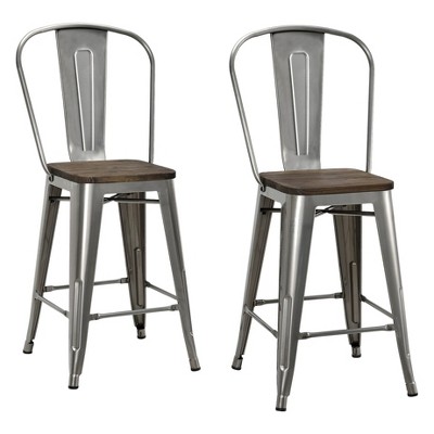 Luxor 30" Gray Industrial Counter Stool with Wood Seat - Set of 2