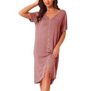cheibear Women's Ruffled V-Neck Short Sleeve Pullover Pajama Midi Nightgown - 1 of 4
