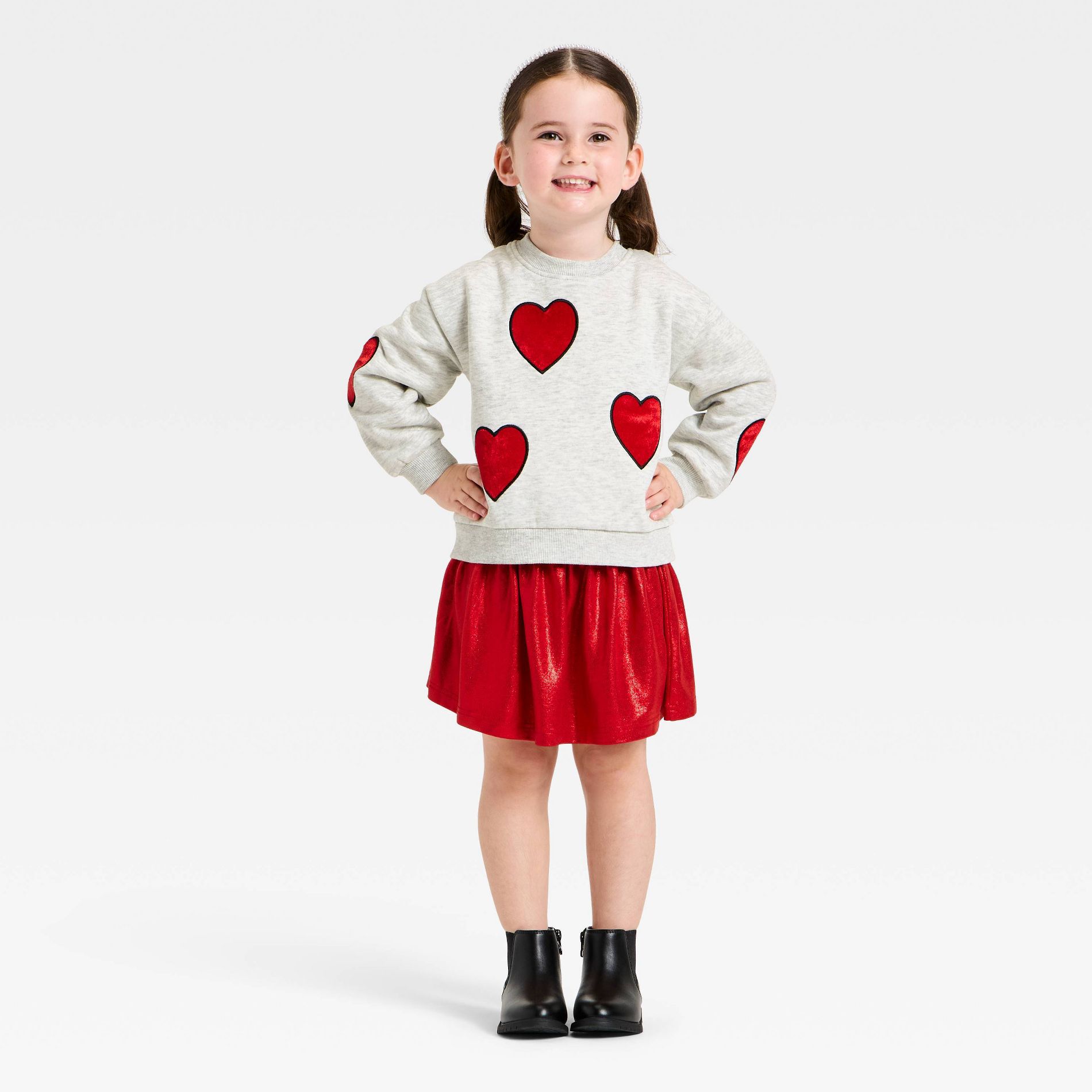 Toddler Girls' 2pc Valentines Heart Sweatshirt and Skirt Set - Red/Cream