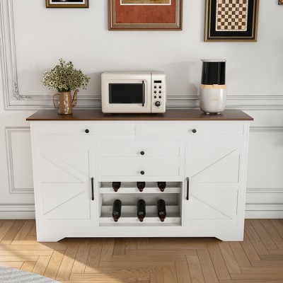 JUJABU 54" White Farmhouse Kitchen Island with Wood Top, Storage Cabinet, Adjustable Shelf & Drawer