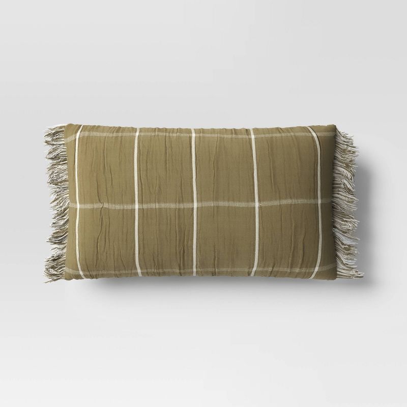 Oversized Cotton Gauze Grid Lumbar Throw Pillow Olive Green - Threshold&#8482;, 1 of 9