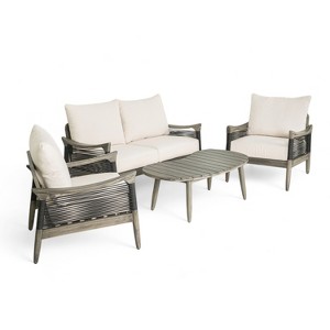 Christopher Knight Home Abell 4 Pieces Outdoor Woven Rope Acacia Wood Upholstered Seating Set - 1 of 4