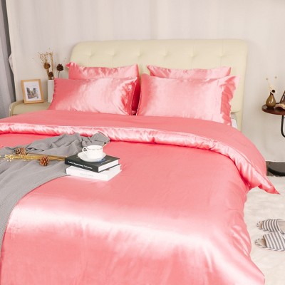 3 Pcs Polyester Satin Silk Solid Bedding Sets King Pink - PiccoCasa