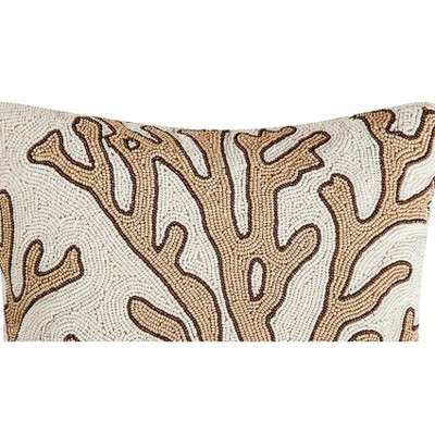 Natural Coral Hand Beaded Beige and Brown Throw Pillow 16" x 16"