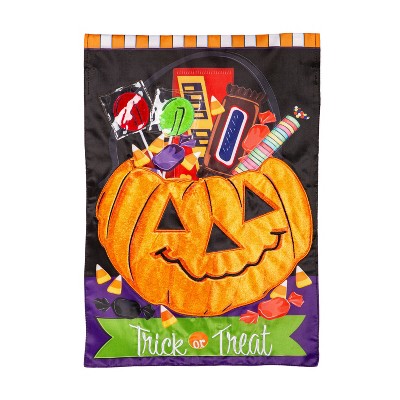 Evergreen Trick or Treat Halloween Pumpkin Bucket Applique Garden Flag 12 x 18 Inches Indoor Outdoor Decor
