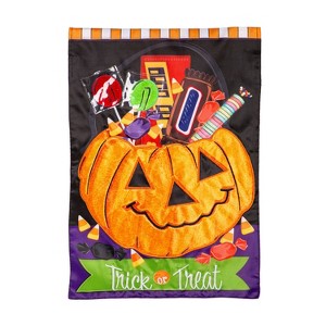 Evergreen Trick or Treat Halloween Pumpkin Bucket Applique Garden Flag 12 x 18 Inches Indoor Outdoor Decor - 1 of 4