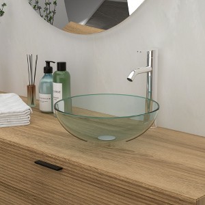 SEVOBAL Bathroom Sinks Artistic Tempered Glass Vessel Sink with Chrome Pop-up Drain Clear Modern Above Counter Basin, Clear, 16.93"*16.93"*7.48" - 1 of 4