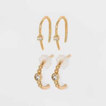 14K Gold Plated Beaded Hoop Cubic Zirconia Earring Set 2pc - A New Day™