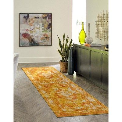 Orange and Yellow Synthetic Stain-Resistant Runner Rug