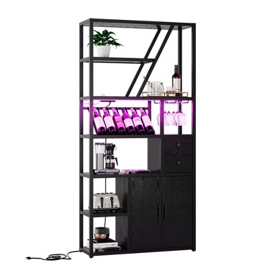 Wine Bar Cabinet with LED Lights & Power Outlets, Tall Coffee Bar Station with Wine Rack, Microwave Stand for Kitchen, Living Room