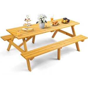 Zevemomo 8 Person Wood Picnic Table, Rectangle Tabletop with Umbrella Hole, 2 Built-in Long Benches, 2220LBS Total Capacity for Backyard, Light Wood - 1 of 4