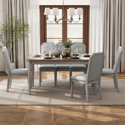7 Piece Dining Set, Dining Table Set For 6, Dining Set Solid Wood, Dining Sets Round With 6 High-Back Design Chairs For Dining Room-Cuddlewood