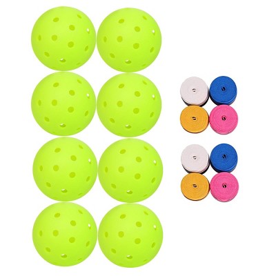 8 Pack Pickleballs with 8 Racket Grips, 40 Holes Outdoor Pickleball Balls, High Visibility & Bounce