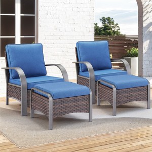 Buenhomino Patio Furniture Set 4PCS Conversation Set 2 Rattan Patio Chairs with 2 Ottomans Cured Armest Wicker Patio Chairs Set for Garden Backyard - 1 of 4