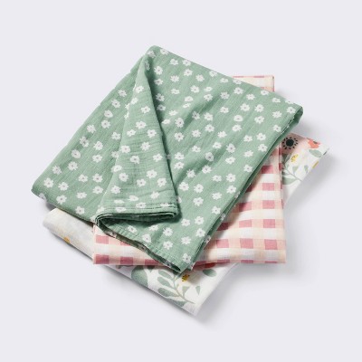 Muslin Swaddle Baby Blanket - Floral Gingham - 3pk - Cloud Island™