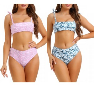 INSPIRE CHIC Women's Tie Shoulder Leopard Print Bandeau High Waist Swimwear Bathing Suits 2 Sets - 1 of 4