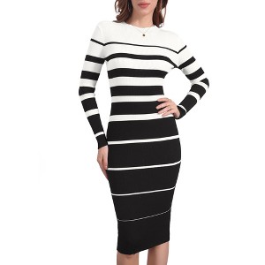INSPIRE CHIC Women's Striped Long Sleeve Stretchy Crew Neck Bodycon Ribbed Knit Casual Fall Sweater Dress - 1 of 4