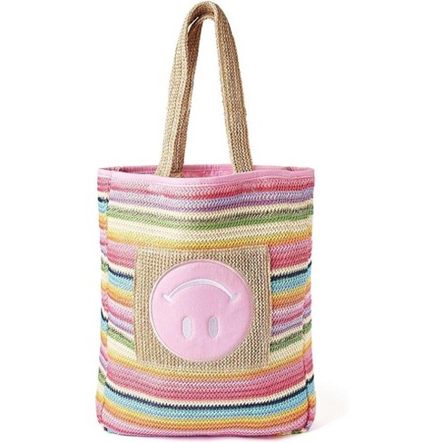 Packed Party Smiley Face Woven Rainbow Tote Beach Bag Work Bag