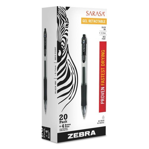 Zebra Sarasa Gel Pen, Medium - Black Ink (24 Per set), Clear Black