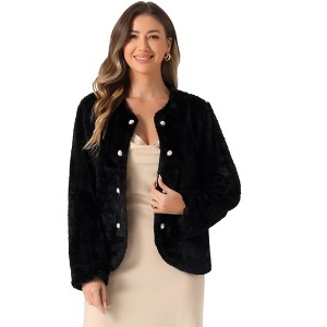 Allegra K Women's Faux Fur Long Sleeve Pockets Pearl Button Fluffy Cropped Cardigan Outerwear - 1 of 4