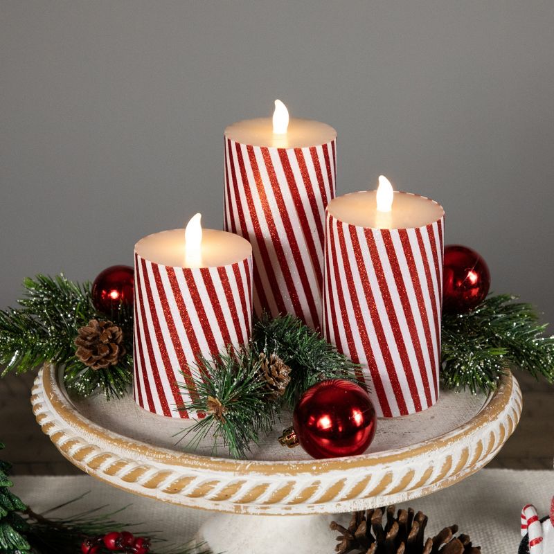 Northlight Set of 3 Flameless Glittered Candy Cane Stripes Flickering LED Christmas Wax Pillar Candles 6", 3 of 7