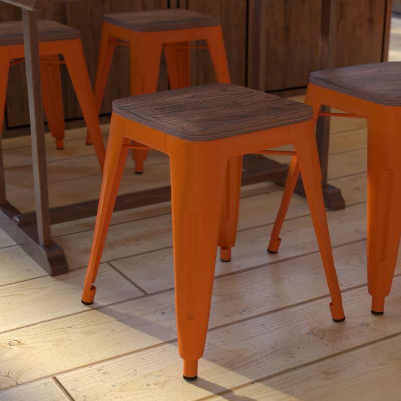 Emma and Oliver Set of Four Table Height Backless Stacking Welded Iron Stools with Wooden Seats and Under Seat Bracing for Indoor Use, 3 of 10