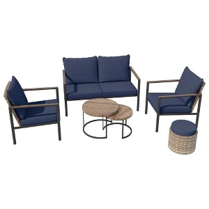 YARDSIGHT 5-Piece Patio Conversation Set with Loveseat, 2 Armchairs, Ottoman, and Nesting Coffee Tables ¨C Blue Cushions & Handwoven Rattan - 1 of 4