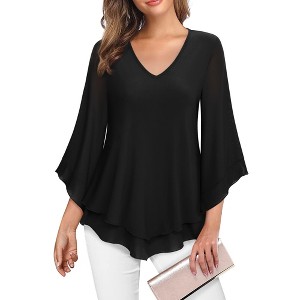 Coolmee Womens Dressy Blouse V Neck Double Layers Elastic Mesh Casual Flowy Work Shirts Ruffle 3/4 Flared Sleeve Tunic Tops - 1 of 4