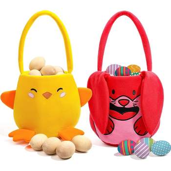 Syncfun 2Pcs Plush Easter Basket, Cute Bunny/Chicken Basket with Handles for Baby Kids Easter Egg Hunting, Party Supplies, Decorations, Gift Bags