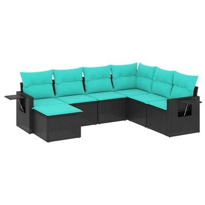 vidaXL Patio Sofa Set Black, Blue PE Rattan, Powder-coated Steel 7 Piece - Black and Blue Without Table