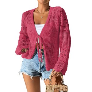 Womens Crochet Lace Cardigan Front Tie Lightweight Cover Ups Long Sleeve Hollow Out Cardigan Beach Cover Ups Crochet Tops for Summer - 1 of 2